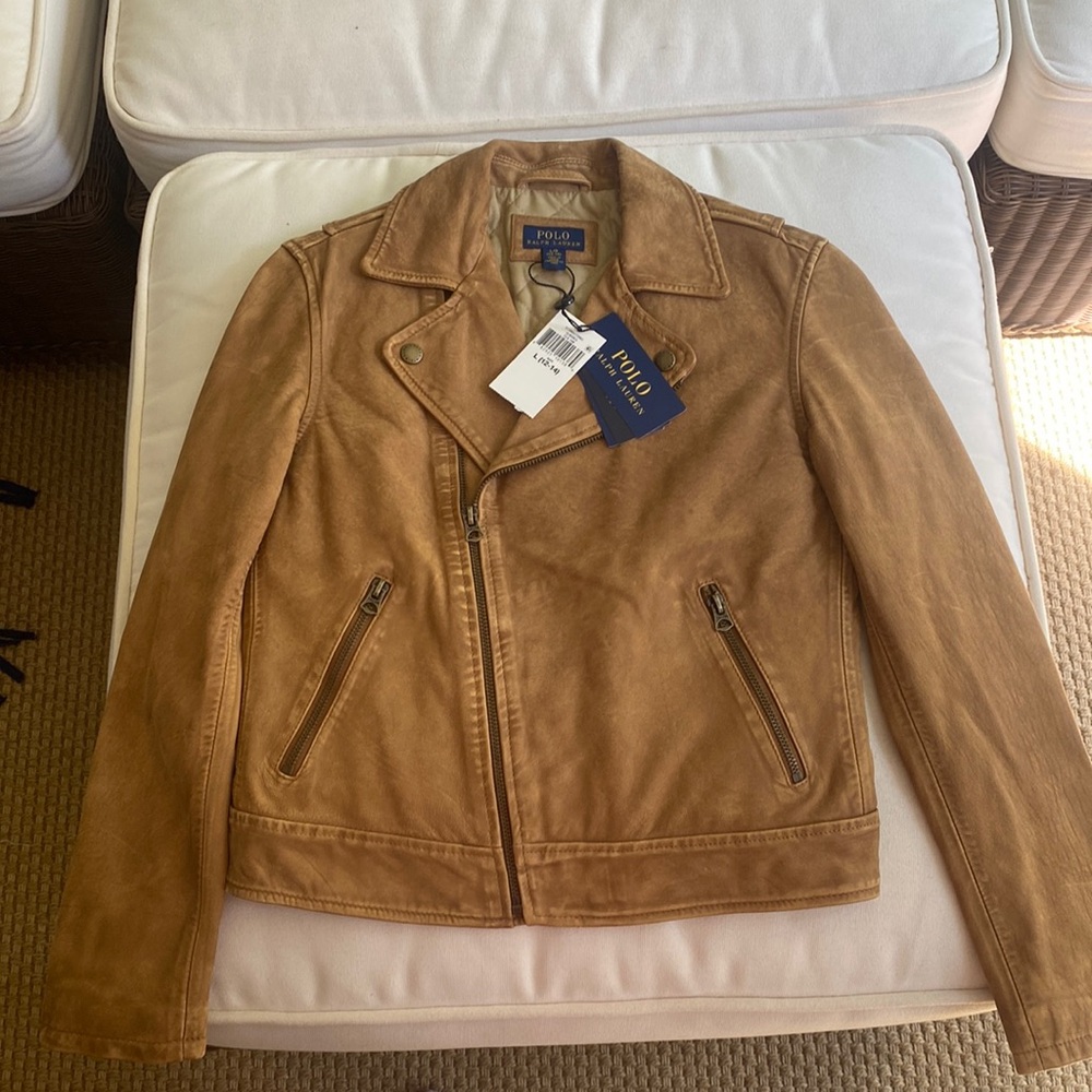 Polo Ralph Lauren youth leather tan moto jacket. Size youth L (12-14)